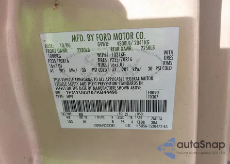 2007 Ford Escape Xlt/Xlt Sport from USA, damaged, VIN 1FMYU03187KB44496